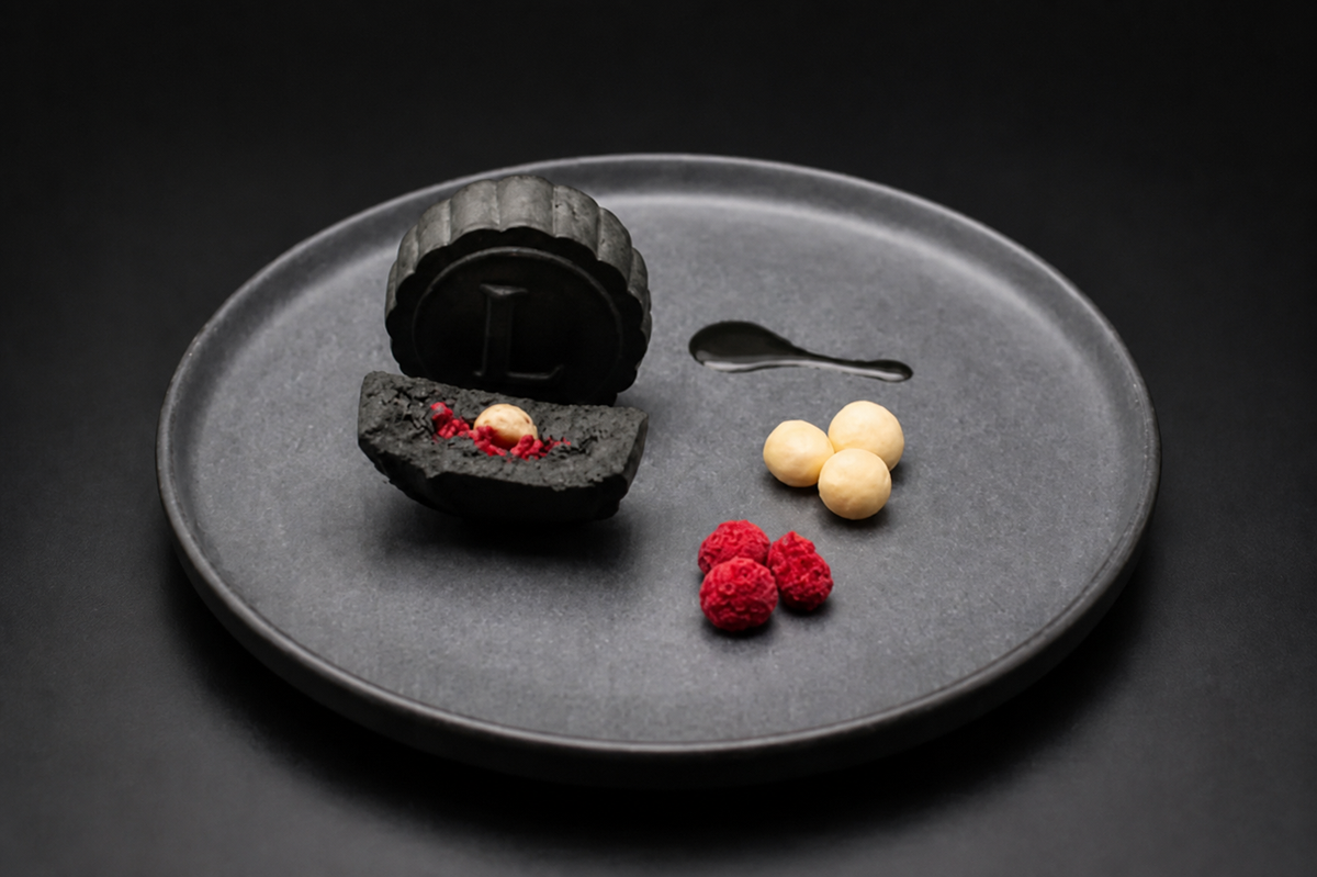 A gourmet Michelin style dessert presentation on a dark gray ceramic plate, featuring a black mooncake with an embossed L leaning against a broken open mooncake half revealing a macadamia nut, black sesame and raspberry filling, with three macadamia three red raspberries and a streak of black sesame paste, all set against a dark background.