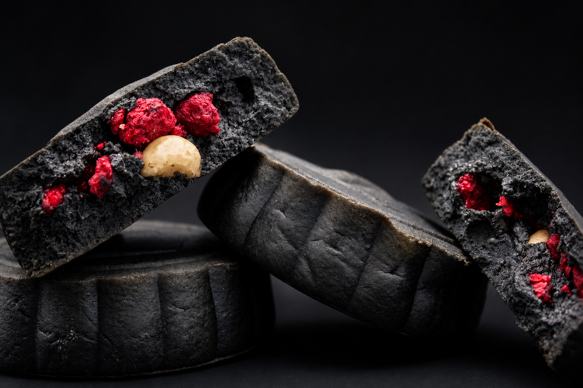four black round mooncakes stacked and leaning on a black background, with two mooncakes broken open to reveal red raspberry and macadamia nut halves inside with black sesame filling